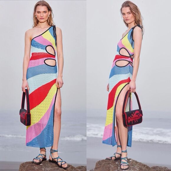 Staud Crochet One Shoulder Rainbow Stripe Alpes Midi Dress Size Medium - Picture 1 of 12
